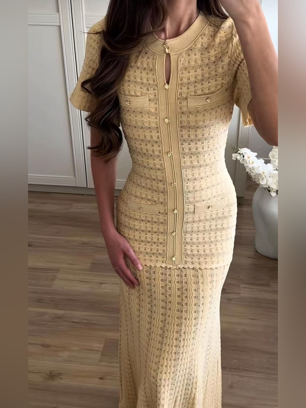 Sandro Pale Yellow Crochet Maxi Dress with Gold Buttons - Picture 1 of 10
